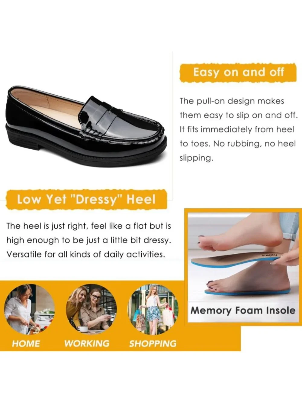 Women's Black Leather Comfortable Penny Loafers Slip On Casual Walking Shoes